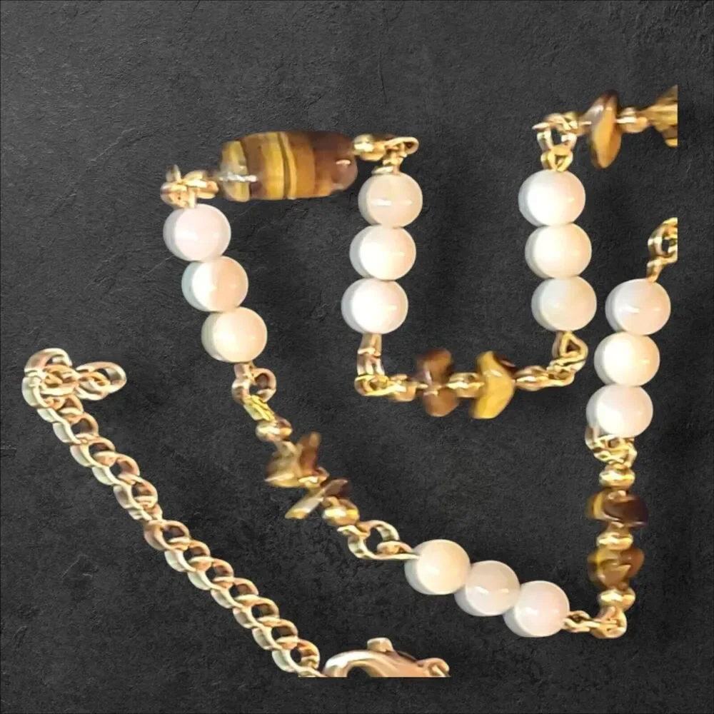 Gold‎ Tone Tiger's Eye & White Stone Bead Station Necklace 22